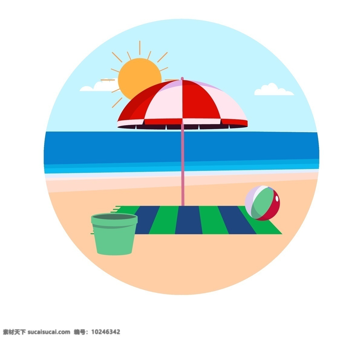 清新 风 夏季 海滩 元素 夏天 天气 悠闲 太阳伞 沙滩 水桶 气球 晴朗
