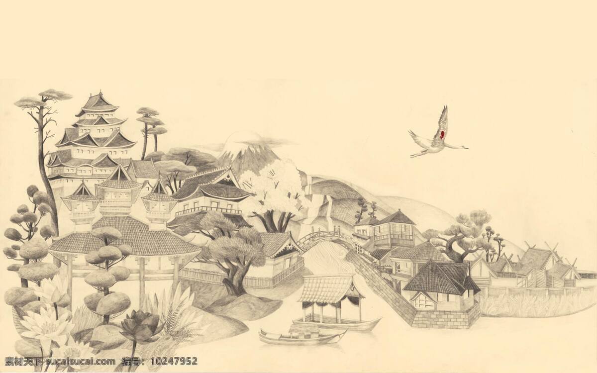 飞鹤 黑白 绘画书法 手绘 素描 文化艺术 建筑 插画 设计素材 模板下载 素描建筑插画 插画集
