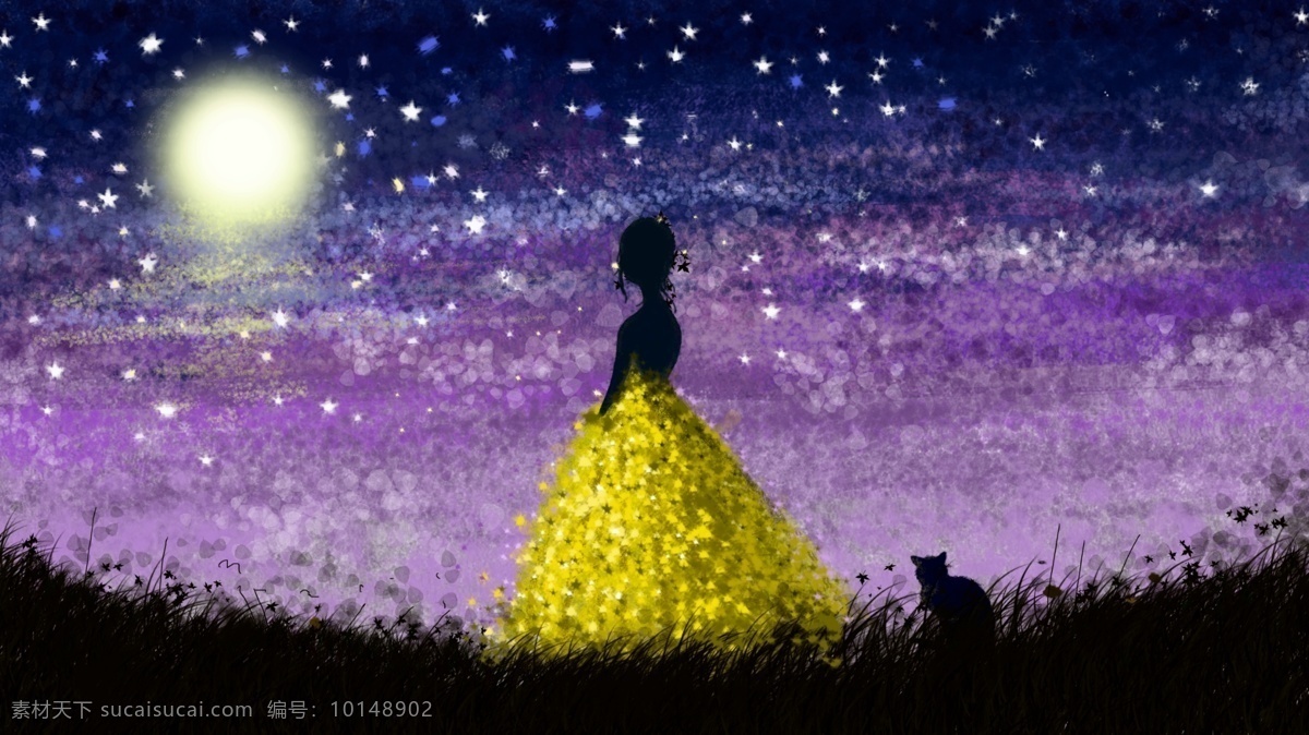 穿 黄色 裙子 女孩 星空 礼服 仙境 赏月 宠物猫 治愈