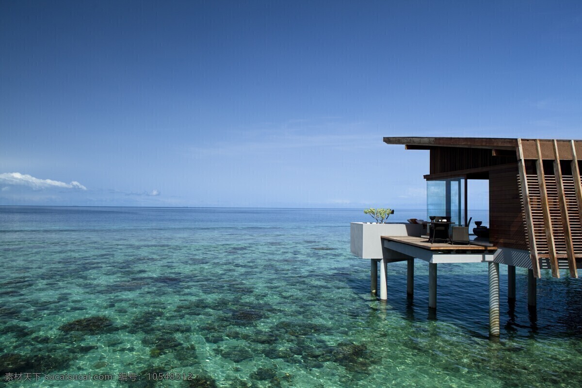 海中 小屋 白云 别墅 度假 海景 海水 建筑景观 蓝天 旅游 中小屋 木房子 清水 自然景观 风景 生活 旅游餐饮