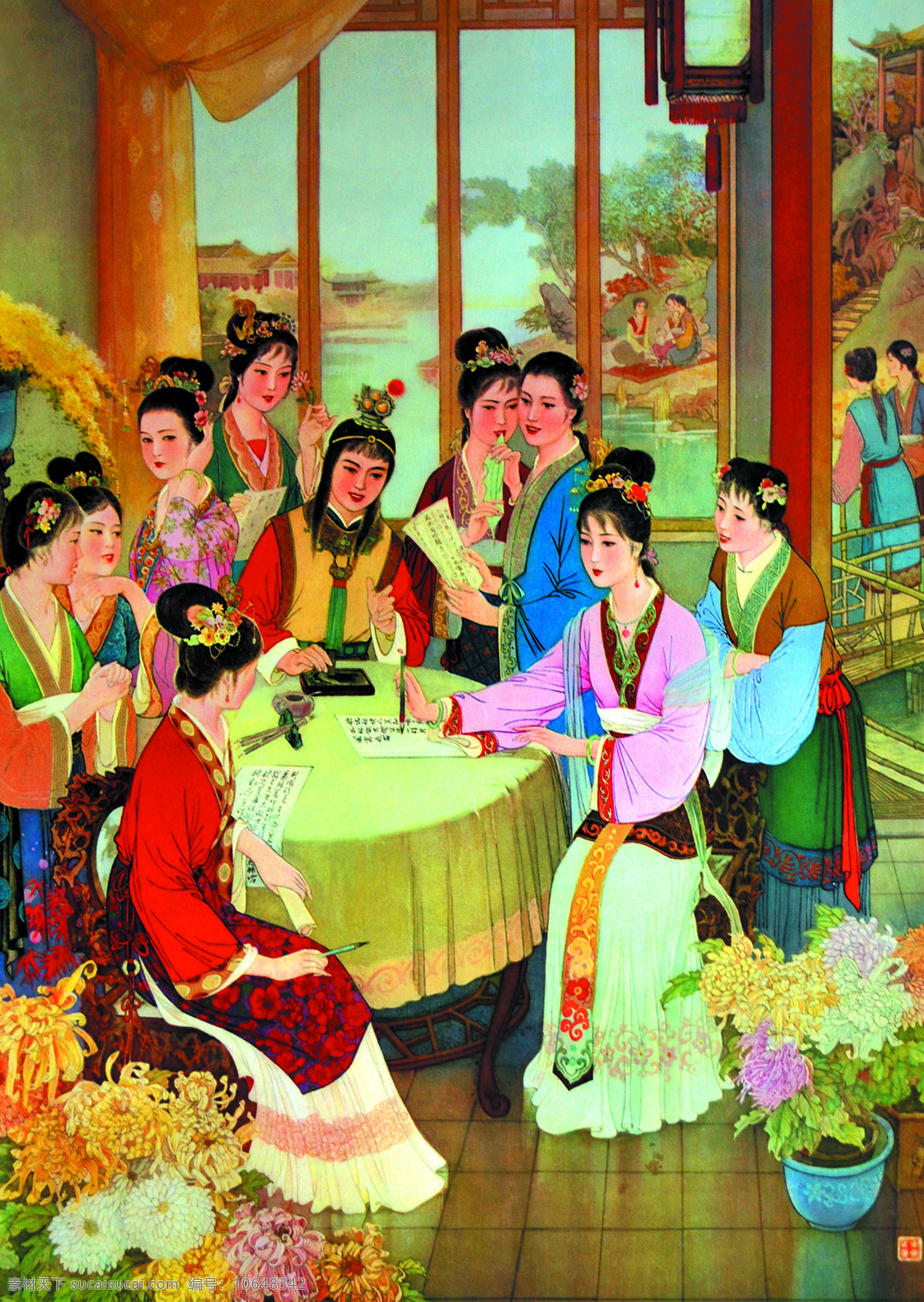 大观园诗会 美术 中国画 工笔画 红楼梦人物 女人 女子 仕女 丽人 贾宝玉 庭园 文化艺术 绘画书法