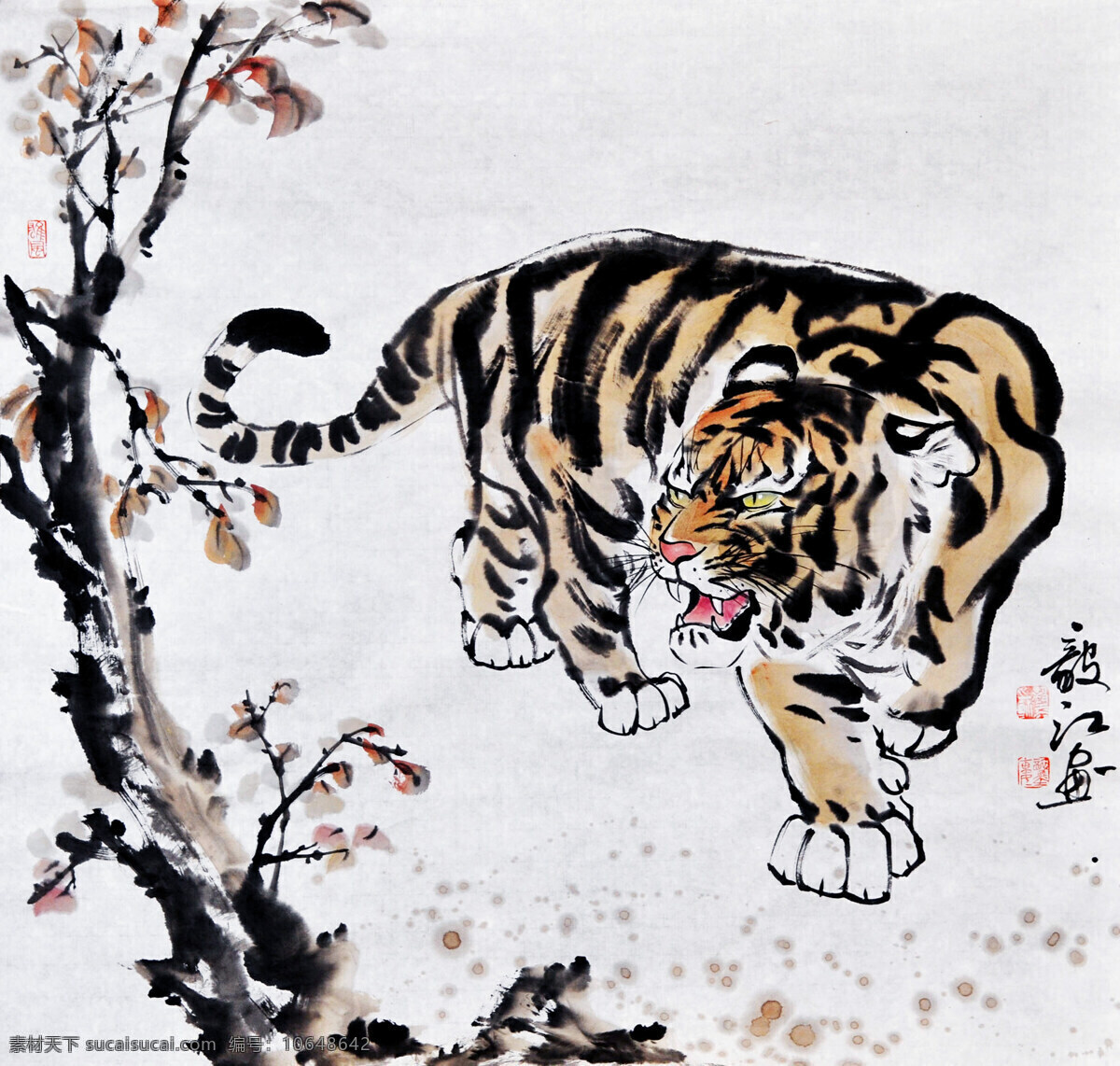 闲庭信步 美术 绘画 中国画 水墨画 写意画 彩墨画 动物画 老虎 老虎画 步行 树木 书法 印章 国画艺术 国画集40 绘画书法 文化艺术