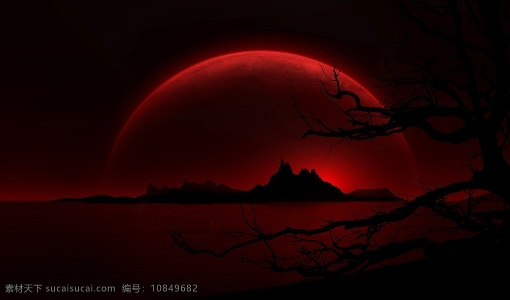 红月 树枝 湖水 山峰 月夜 血月 暗夜 幽暗 动漫动画