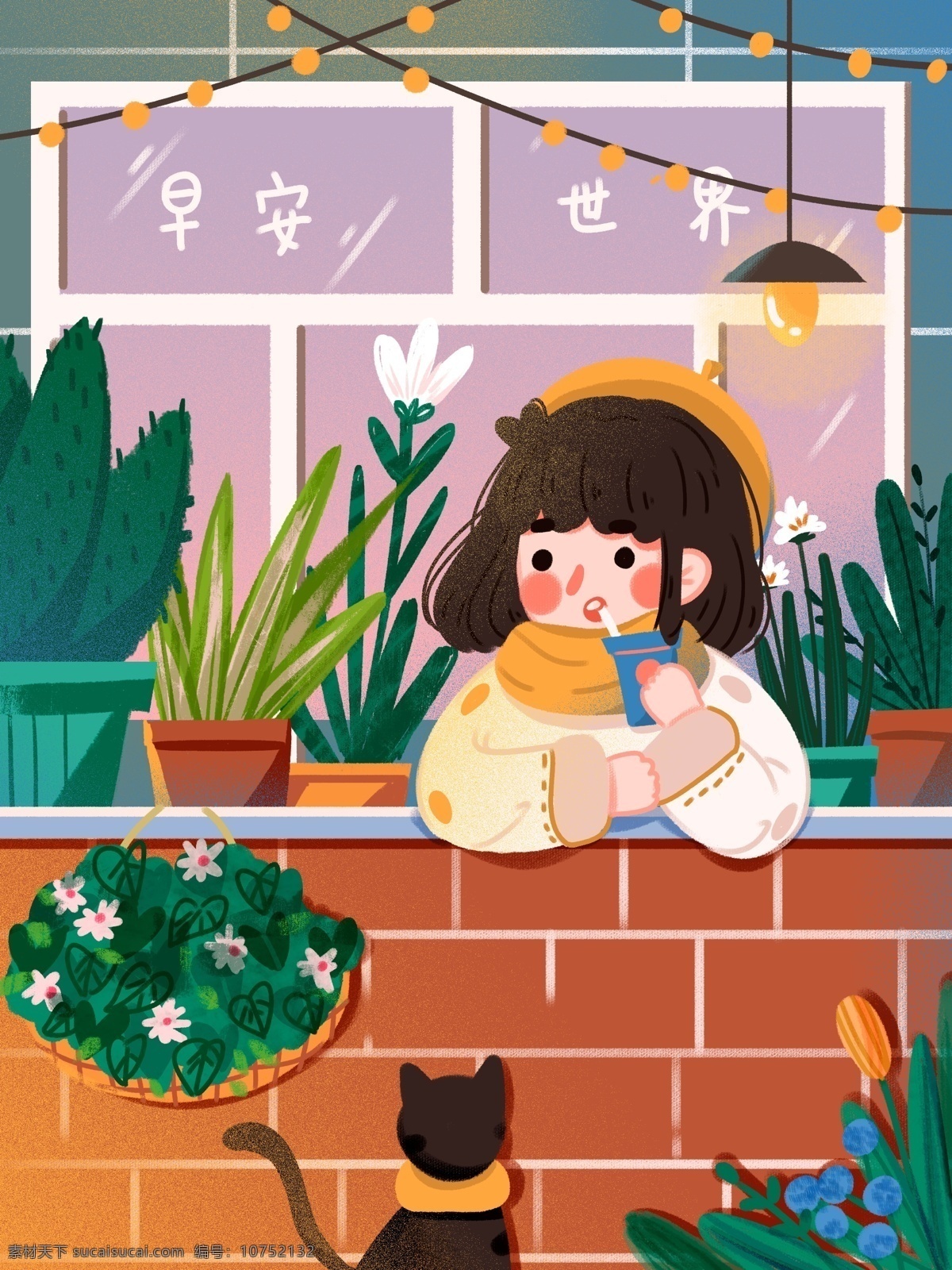 早安 世界 治愈 阳台 上 喝 奶茶 女孩 猫咪 植物 可爱 卡通 插画 宠物 花 植物乐园 扁平 早安海报
