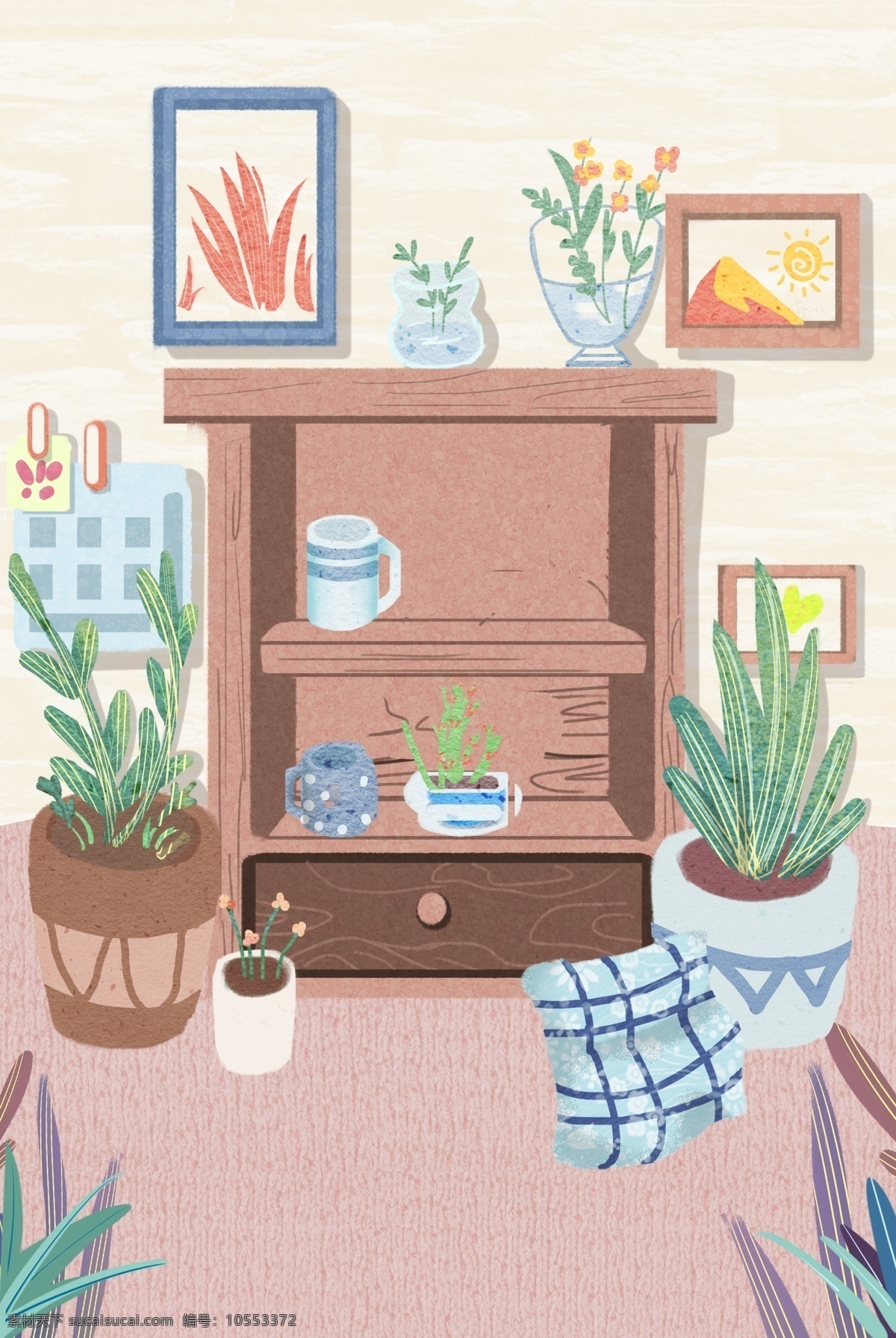 卡通 房间 家居 背景 主图背景 盆栽 绿色 壁画 沙发 柜子 花 草 家具