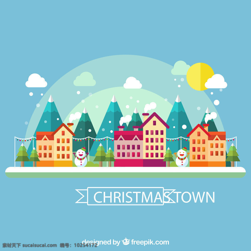扁平化 城市 建筑 风景 矢量图 圣诞节 雪人 eps格式