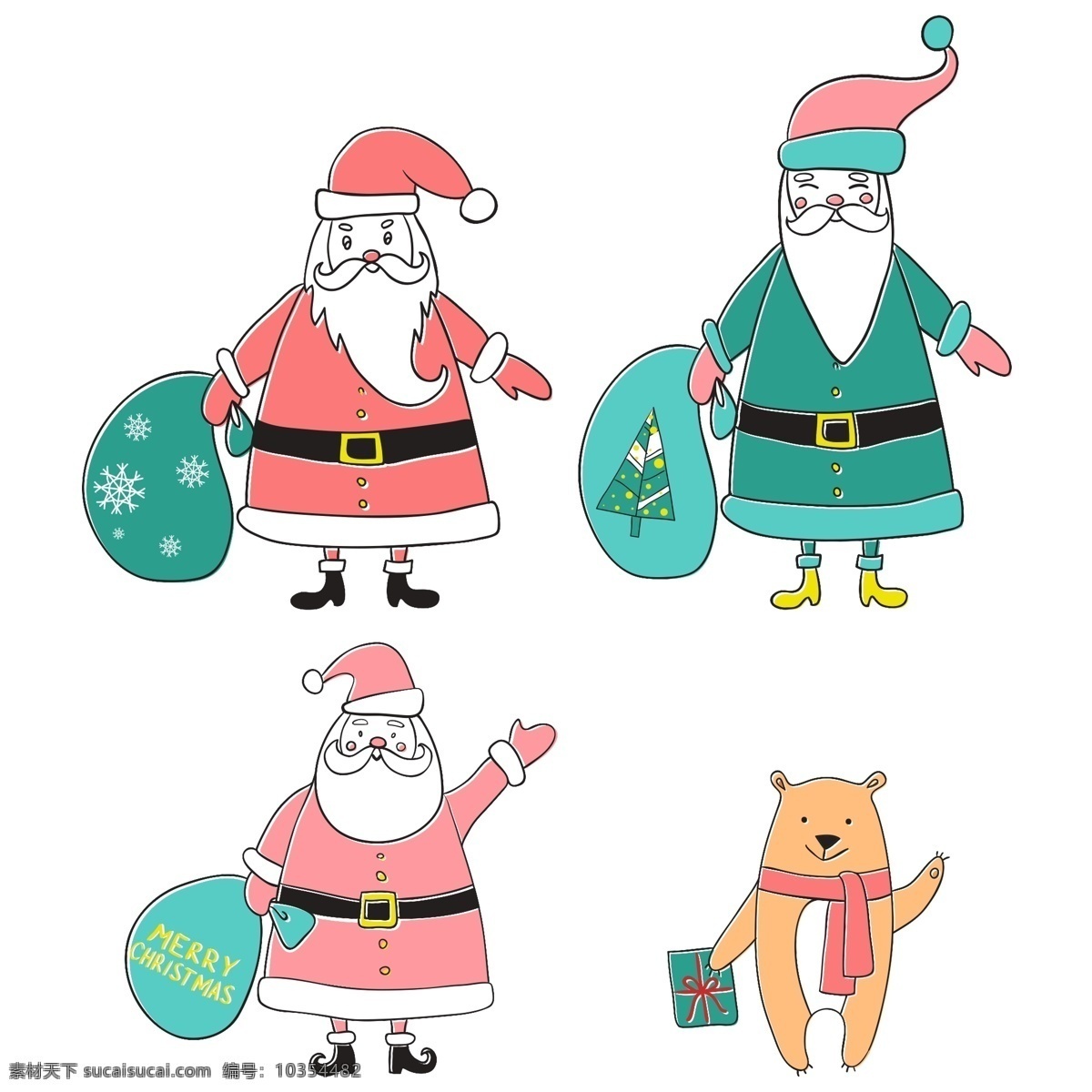 卡通 版 手绘 圣诞老人 红色 礼物 绿色 小猫咪 源文件 装饰图案