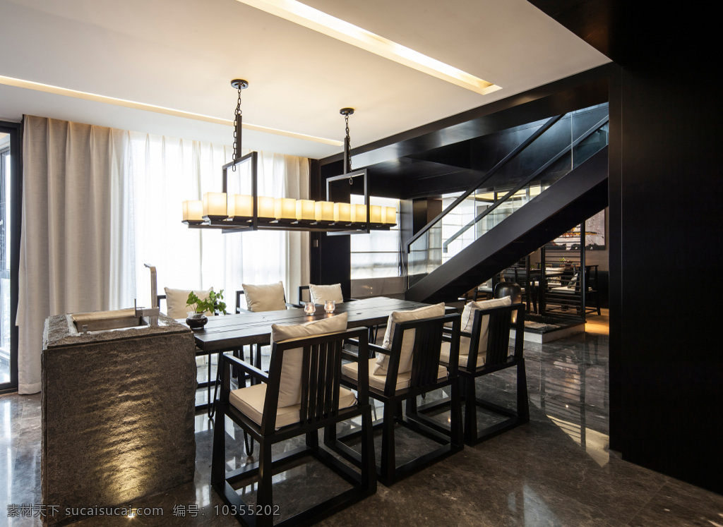 简约 餐厅 灰色 窗帘 工装 效果图 长方形餐桌 方形吊顶 个性吊灯 灰色地板砖 桌椅