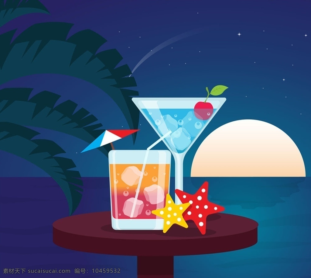 创意 沙滩 餐桌 上 鸡尾酒 矢量图 夕阳 大海 樱桃 棕榈树 海星 度假 夏季 标志图标 其他图标