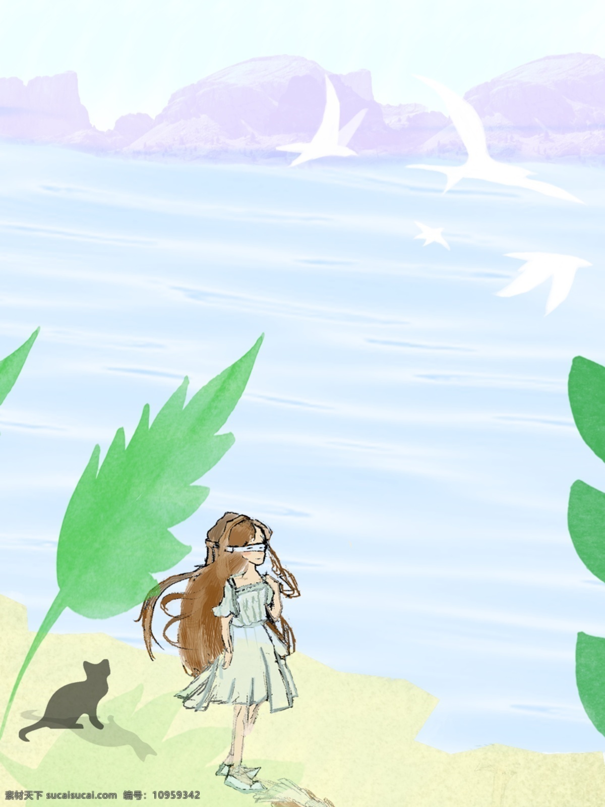 纯 原创 海边 树叶 下 乘凉 猫 飞鸟 女孩 手绘 下午