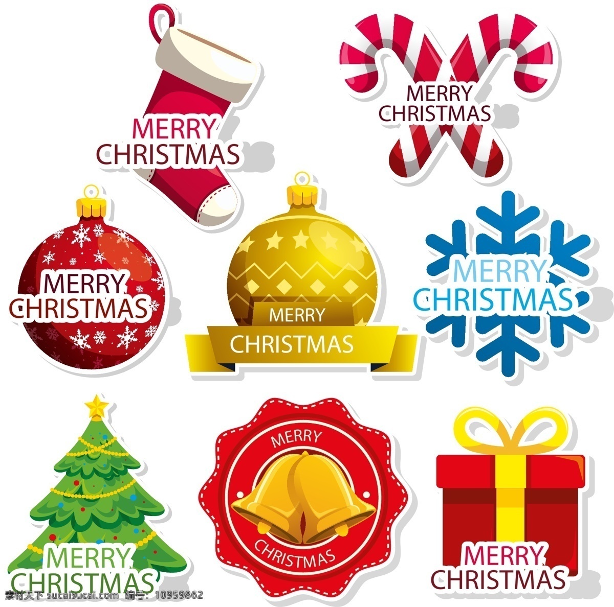 卡通 图案 圣诞节 标签 雪花 礼物 矢量素材 圣诞袜 圣诞树 铃铛 糖果 英文
