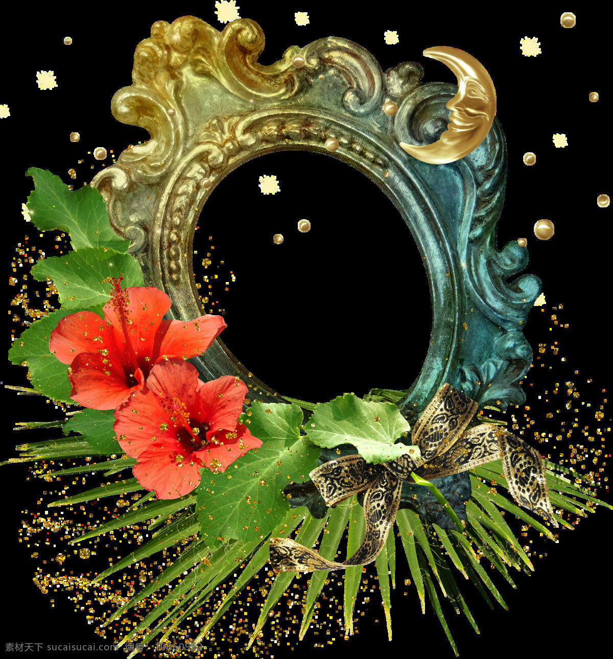 手绘 复古 花草 装饰 镜框 透明 红花 绿叶 蝴蝶结 铜框 透明素材 免扣素材 装饰图片