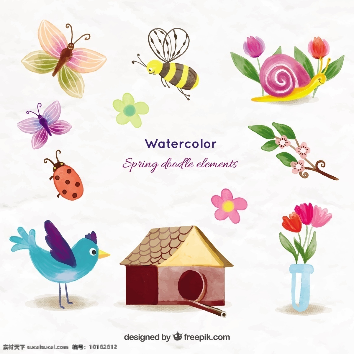 水彩画 可爱 动物 春天 东西 花 水彩 房子 鸟 蝴蝶 手 自然 可爱的蜜蜂 植物 水彩花卉 瓢虫 可爱的花朵 白色