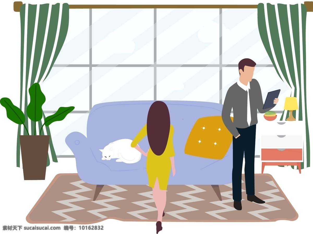 卡通 插画 风沙 发 旁 男女 情侣 室内 家居 家具 猫咪 站着的男人 站着的女人 看相册的男人 夫妻