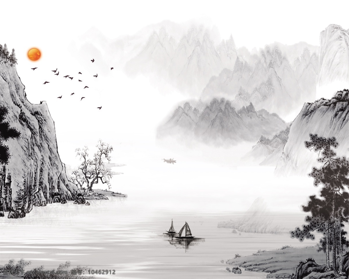 山水背景图 山水图 背景图 中国风 工笔图 小河 小船 自然景观 自然风光