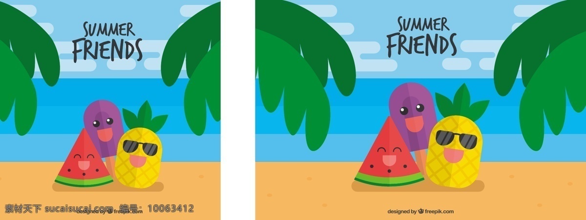 三 汉字 美妙 夏天 背景 树 性格 海 海滩 冰淇淋 色彩 快乐 假日 愉快的假期 平坦 冰 多彩的背景 棕榈树 平面设计 有趣 菠萝