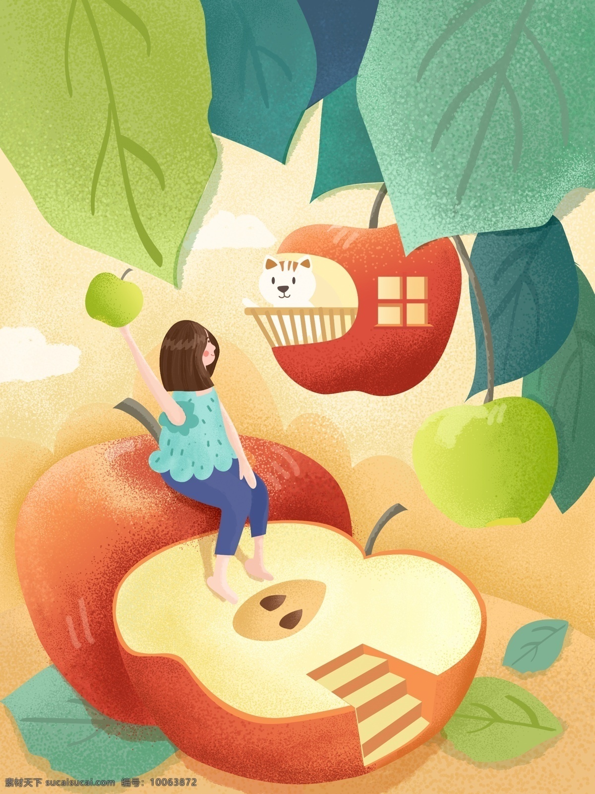 创意 水果 女孩 苹果 房子 插画 树叶 小清新 banner 创意水果 海报