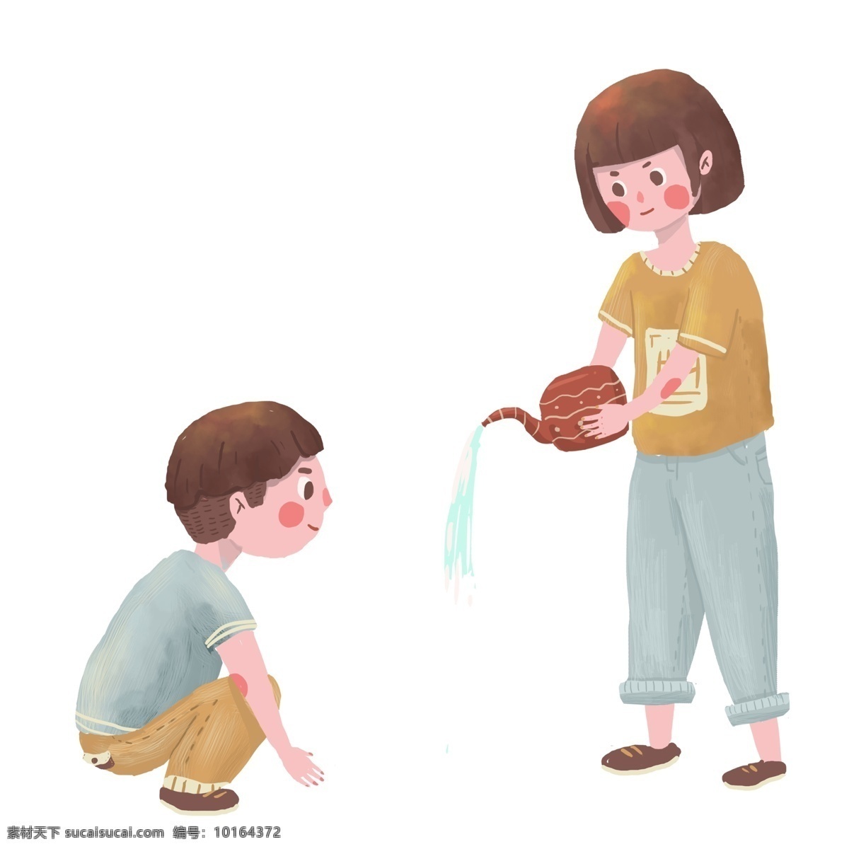 卡通 清新 种树 小 姐弟 可爱 女孩 浇花 姐姐 弟弟 男孩 人物 插画