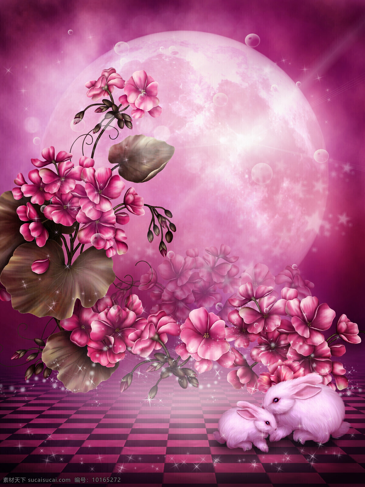 影楼背景模板 月亮 花朵 梦幻风景 幻想背景 童话 月光 兔子童话风格 风景漫画 动漫动画 童话风格