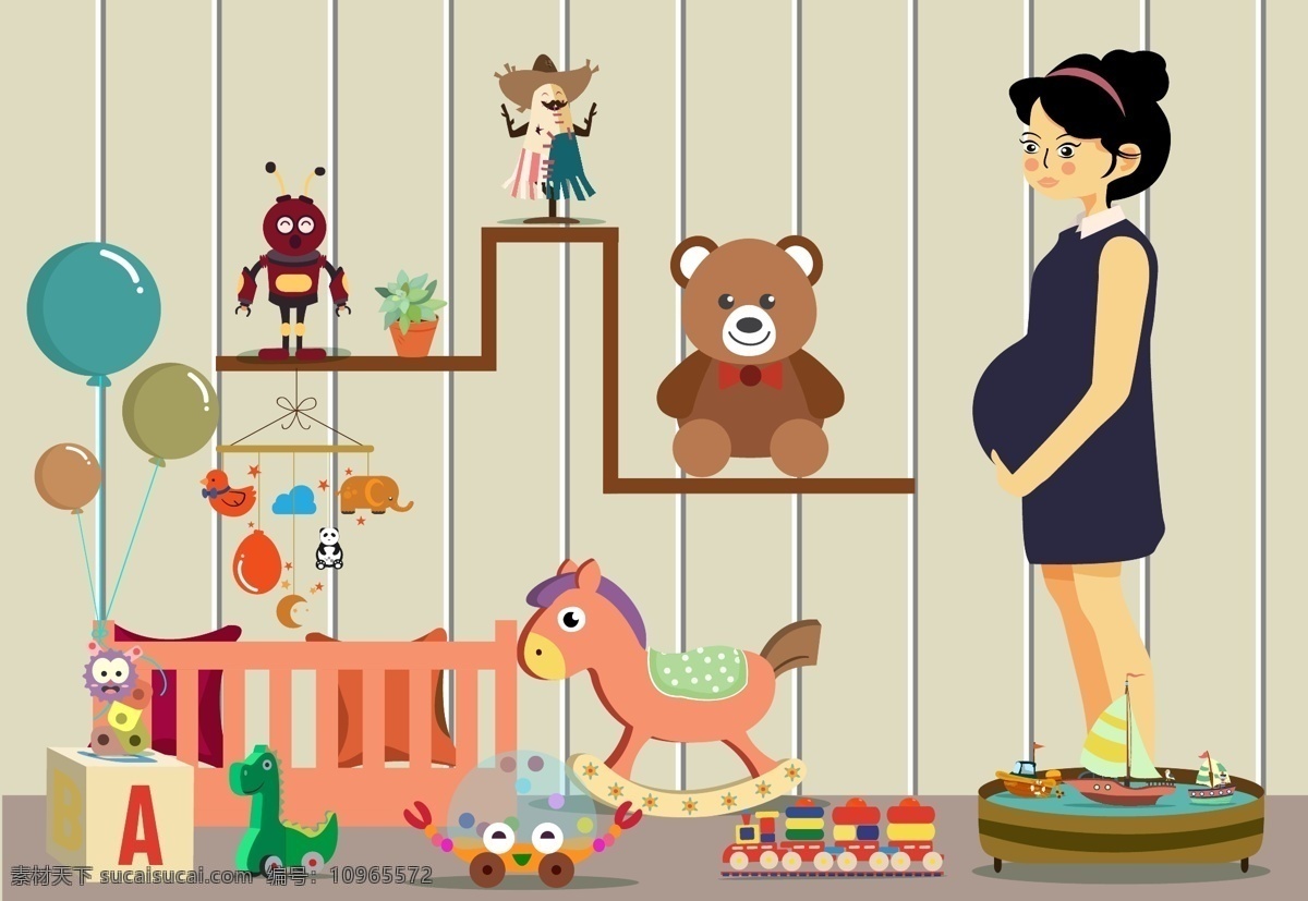 儿童 房里 孕妇 气球 玩具 木马椅 玩偶熊 积木 婴儿床 矢量 高清图片