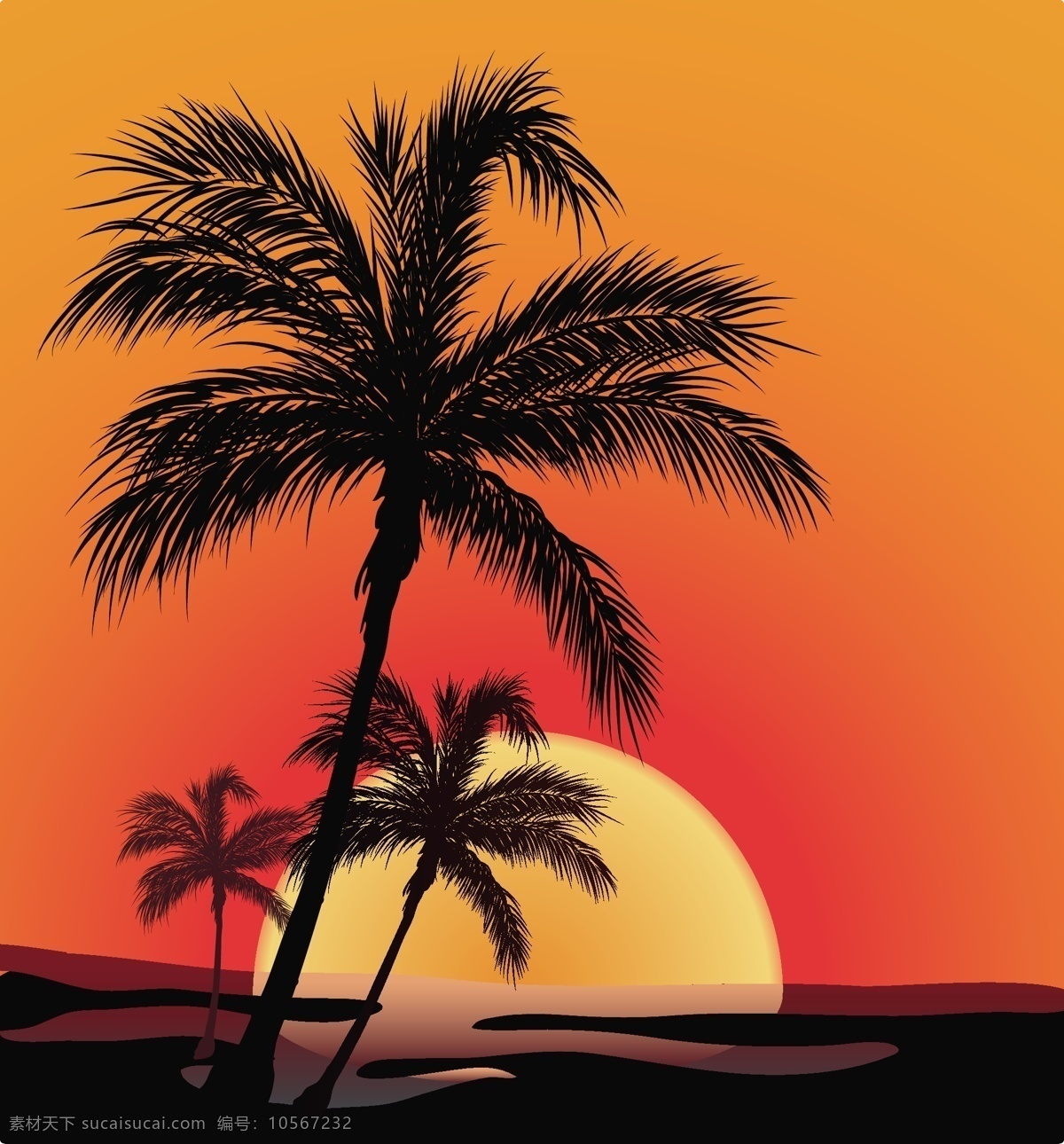 款 日落 时 海边 风光 矢量 大海 黄昏 剪影 金色 沙滩 矢量风景 矢量图 椰子树 其他矢量图