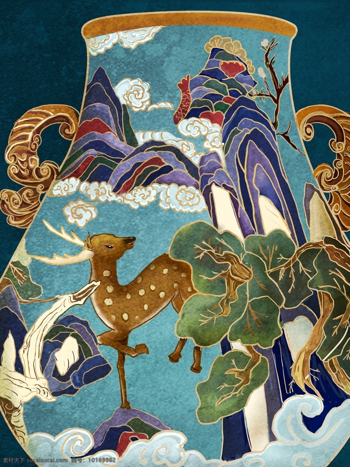 国 潮 林间 小鹿 奔跑 山水画 国潮 中式国潮 山间 风景 花瓶描绘 祥云