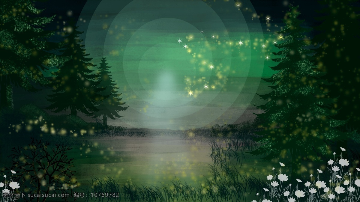 绿色 神秘 森林 背景 广告背景 背景素材 卡通背景 手绘背景 静谧 森林背景 psd背景