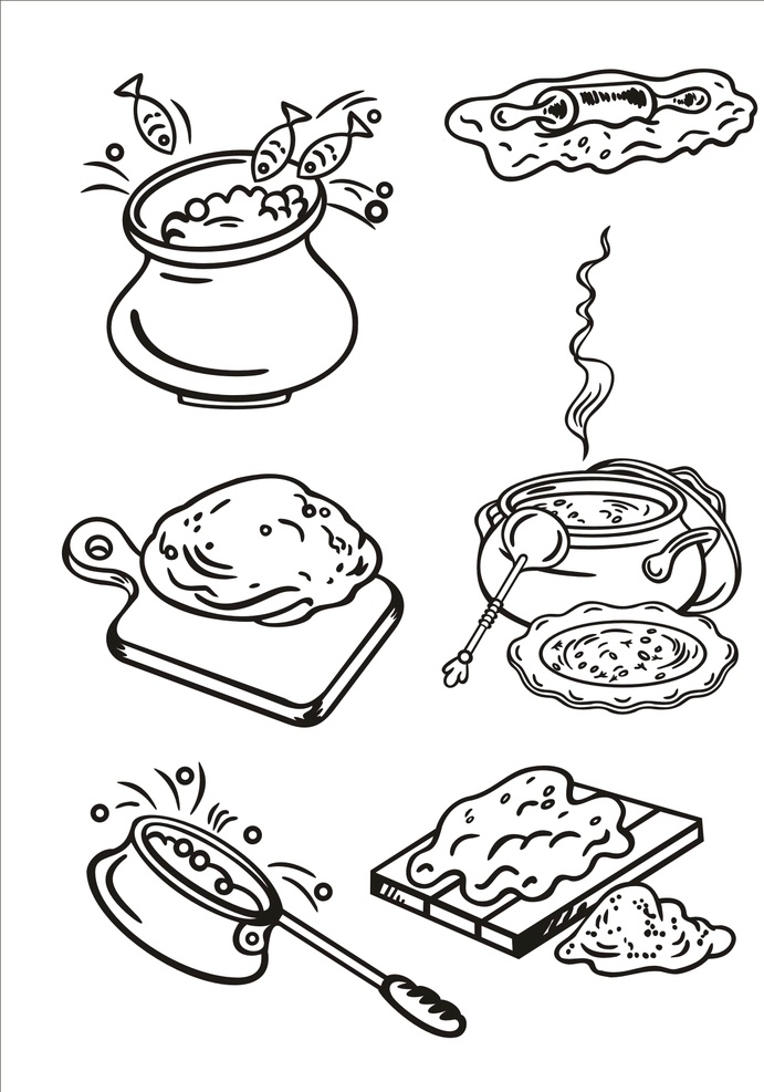 手绘餐具器皿 餐具器皿 卡通餐具器皿 线描餐具 动画餐具 动漫动画