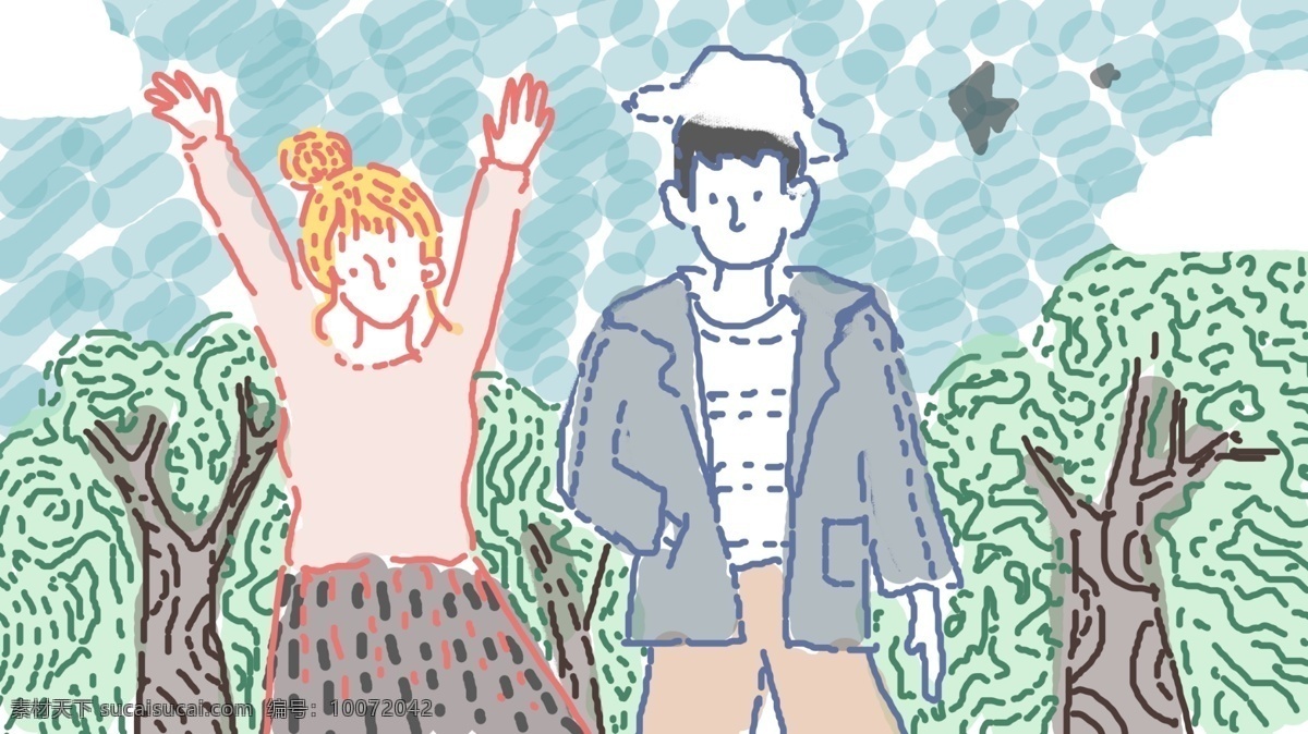 农场 里 夫妻 俩 鸟儿 云 鸟 树林 质感 插画 手绘 笔触