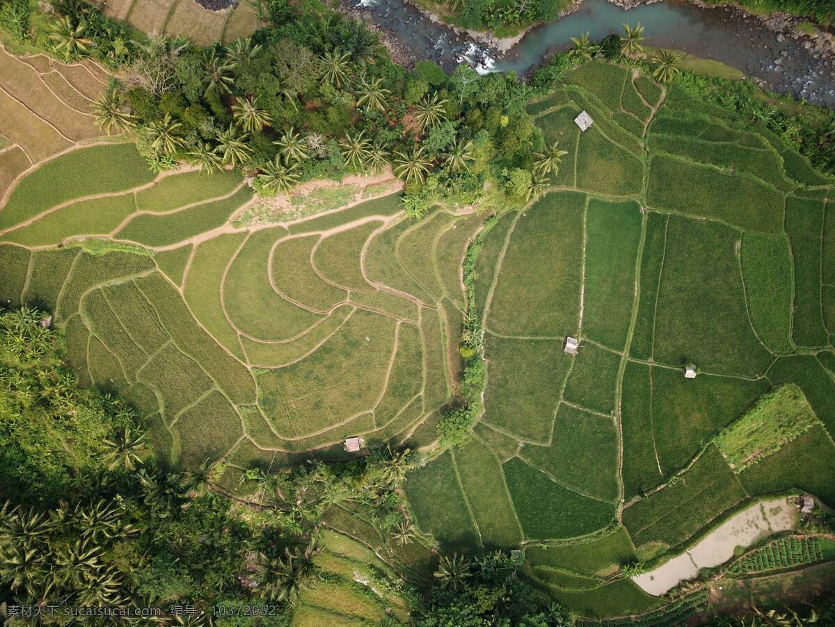 壁纸 桌面 背景 背景图 唯美 浪漫 风景 高清 横图 农家 树 绿色 小草 草坪 田地 航拍 河流 小河 河水 自然景观 田园风光