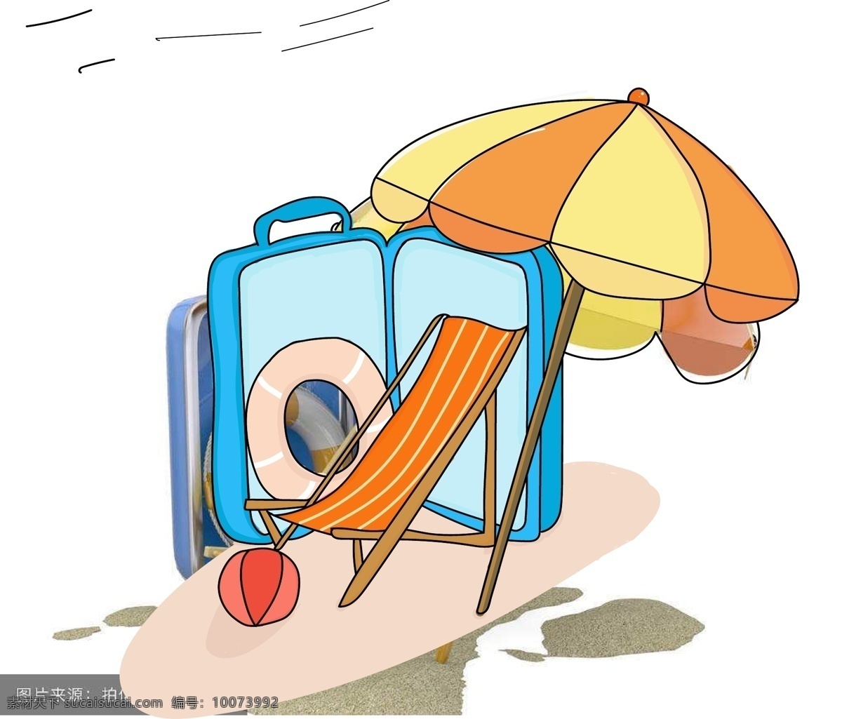 夏日 沙滩 旅行 海岸 沙滩椅 遮阳伞 游泳 圈 行李箱 夏季 游泳圈 旅行箱 沙滩排球 大海 卡通可爱 旅游 游玩