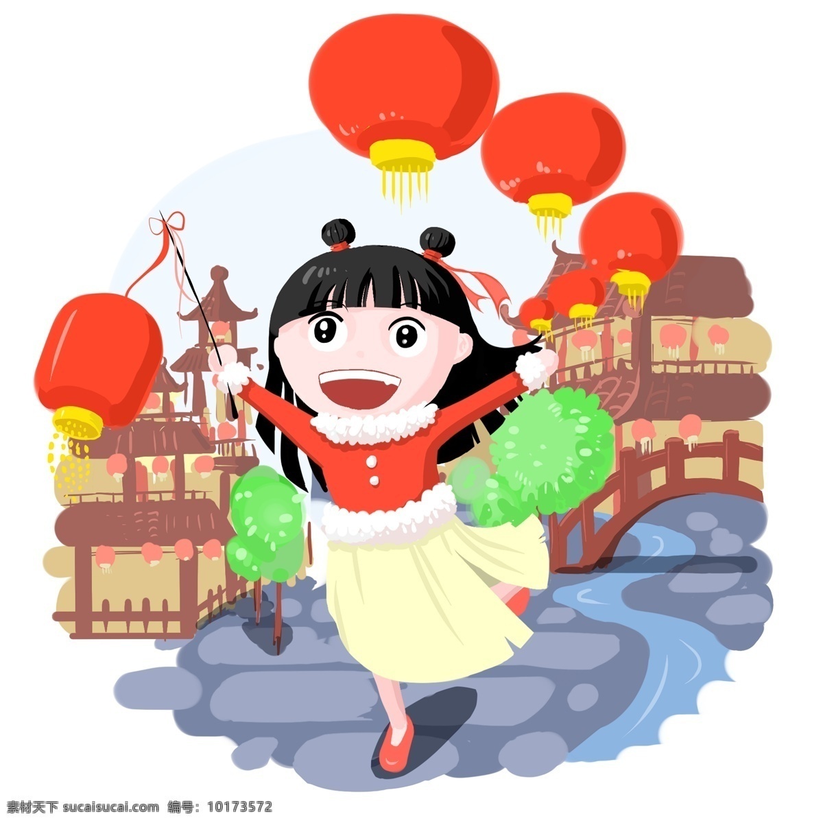 新年 卡通 手绘 风 买 年货 新春 过年 新春大吉 新年恭喜发财 中国传统节日 中国习俗 买灯笼 挂灯笼 买年货 欢天喜地
