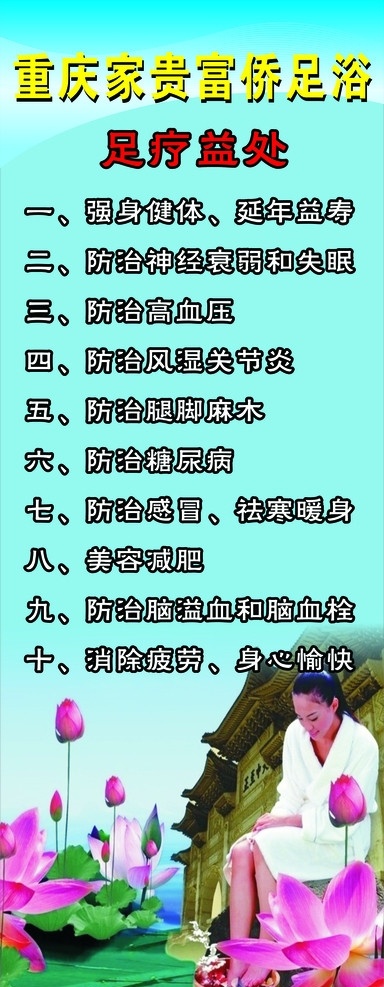 足浴展架 展架 足浴背景 足浴 足疗好处 蓝色渐变背景 人 荷花 房子 展板模板 矢量