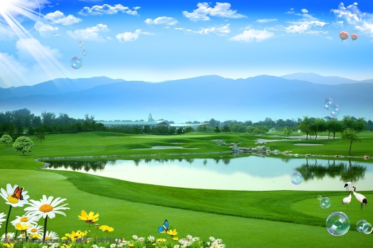世外桃源 世外桃 山水风景 人间仙境 自然风景 绿色家园 青山绿水 蓝天 白云 蓝天白云 气球 热气球 美景 景色 风景画 山水 风景 景观 山峰 群山 远山 晨雾 晨雾蒙蒙 花朵 小花 蝴蝶 水 湖水 清湖 清静的湖水 绿色 仙鹤 丹顶鹤 林园 泡泡 草地 地面 草坪 春天 春暖花开 小树 倒影 分层 源文件
