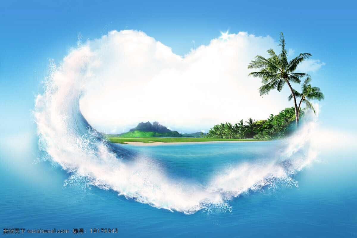 心形 海洋 椰子树 山 草地 心形海洋 心型 爱心 海滩 树林 大海 海边 海浪 海潮 高清图片 大海图片 风景图片