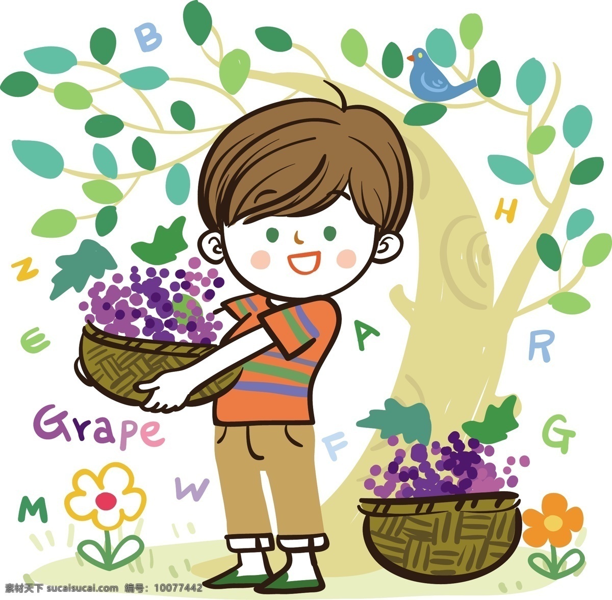 孩子摘葡萄 背景素材 插画 儿童世界 花朵 卡通 卡通人物 卡通设计 卡通娃娃 卡通玩偶 劳动 摘葡萄 鲜花 树叶 叶子 梦幻素材 童话世界 梦想世界 矢量图 矢量人物