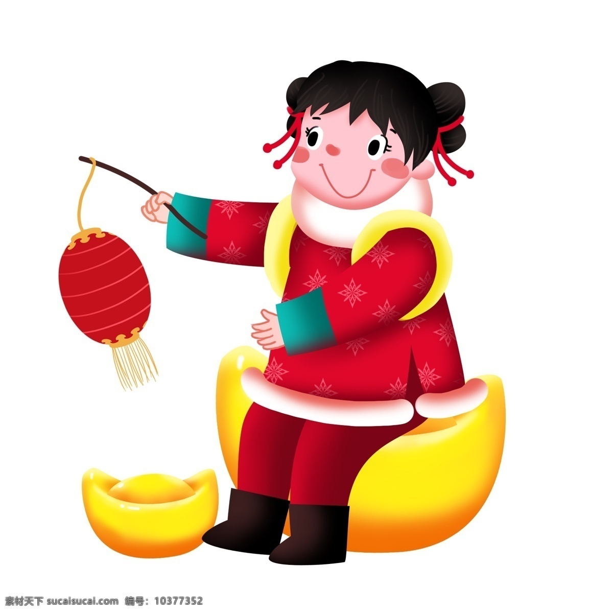 新年 手 灯笼 小女孩 漂亮的小女孩 金色的元宝 红色的灯笼 手绘元宝 新年人物插画 红色的发带 黄色 挂饰