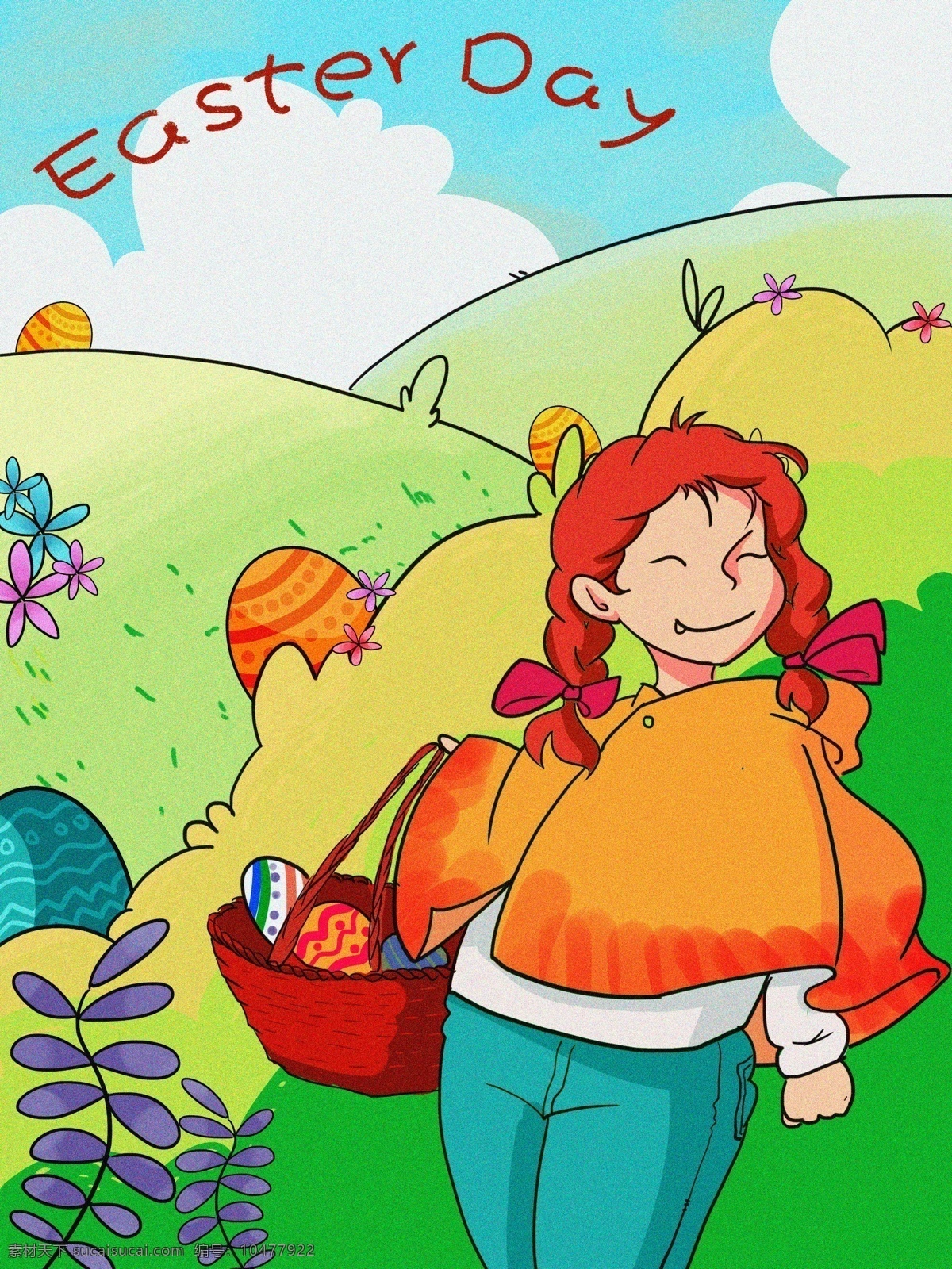 原创 卡通 风格 插画 复活节 找彩蛋 彩蛋 女孩 小红帽 找彩蛋的女孩 草原 原野
