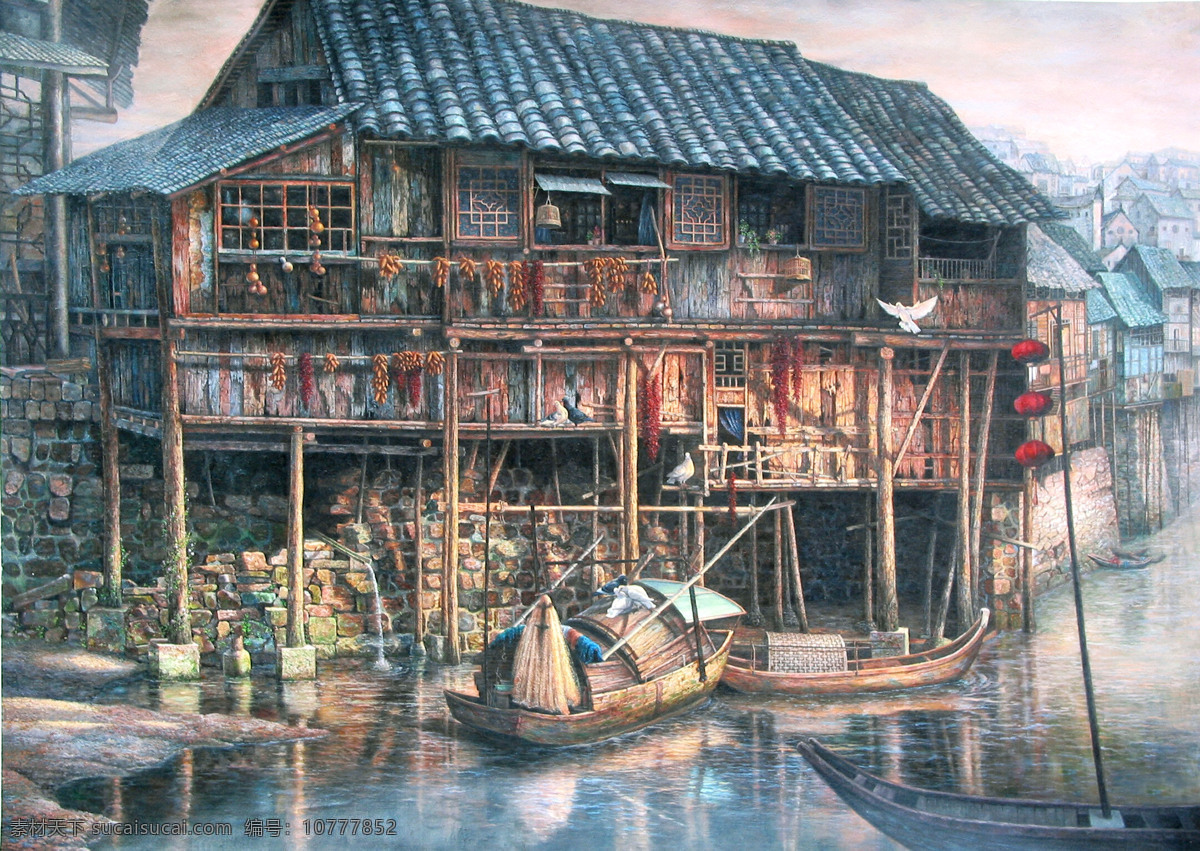 船只 房屋 风景画 古镇 绘画书法 美术 民居 湘西 设计素材 模板下载 湘西古镇 油画 江流 吊脚屋 油画艺术 油画作品46 文化艺术 装饰素材 山水风景画