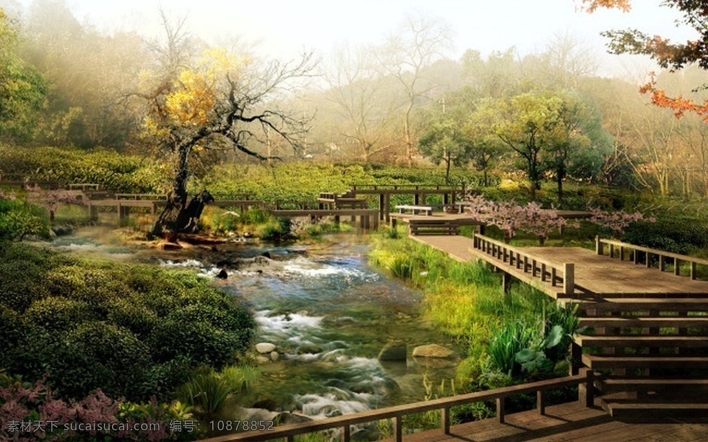 小桥流水 园林 栈道 效果图 绿化 小河