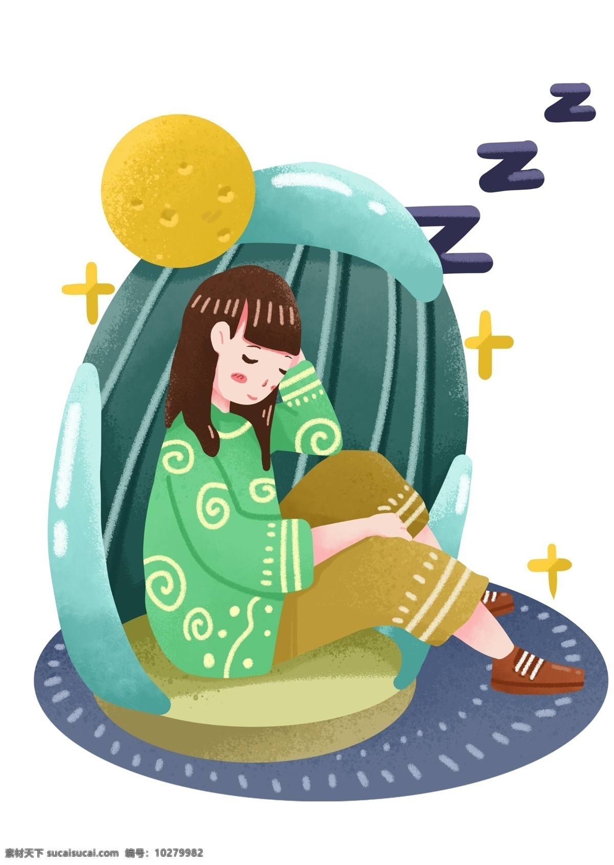 坐 睡觉 小女孩 插画 睡觉的小女孩 黄色月亮装饰 睡眠 世界睡眠日 卡通插画 可爱的小女孩