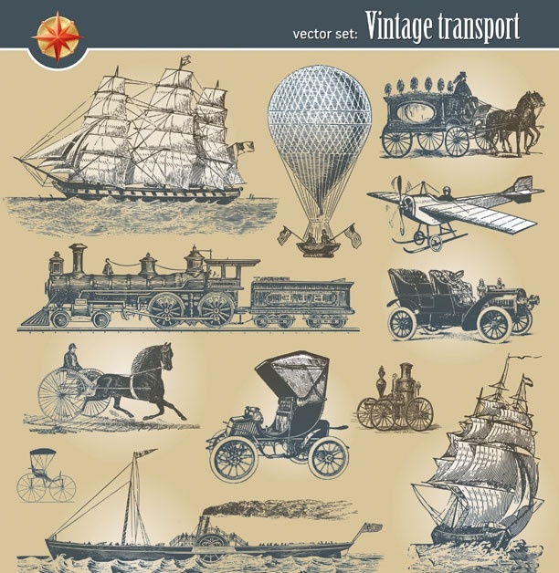 复古 风格 插画 矢量 帆船 船只 马车 热气球 火车 飞机 行使 航海 运输 交通工具 怀旧 古典 线稿 素描 插图 矢量素材 其他矢量