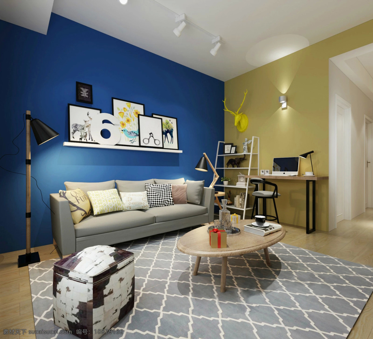 简约 室内 客厅 蓝色 背景 墙 效果图 家居 家居生活 室内设计 家具 装修设计 环境设计 高清 家居大图 蓝色背景墙 沙发 瓷砖