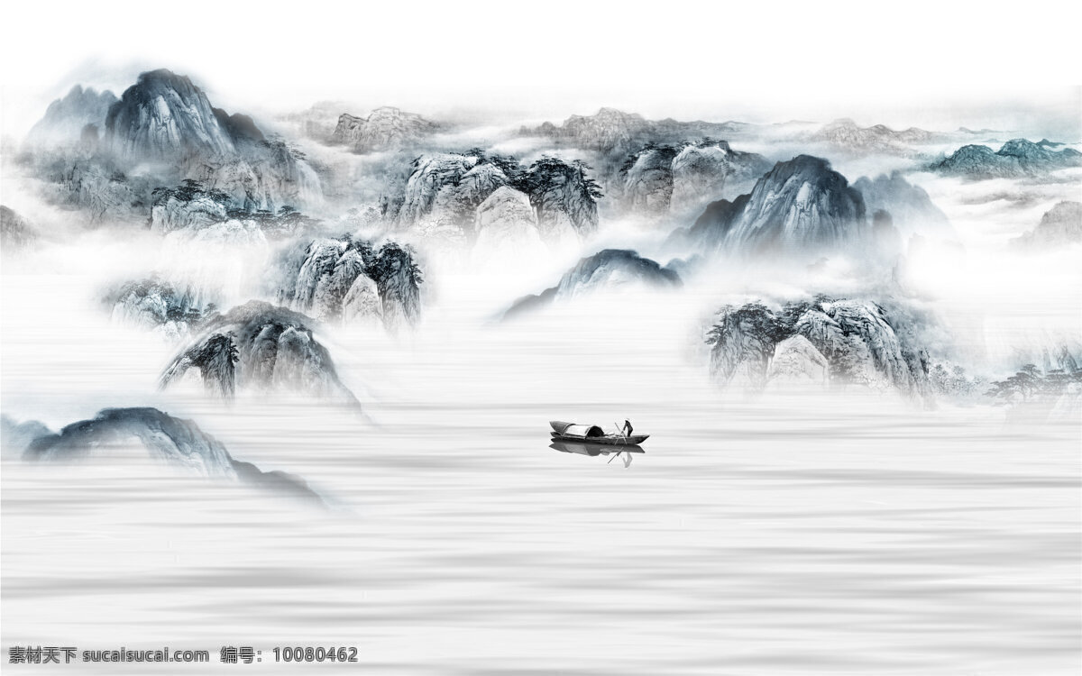 新中式背景墙 群山 云雾 山水 小船 山峦
