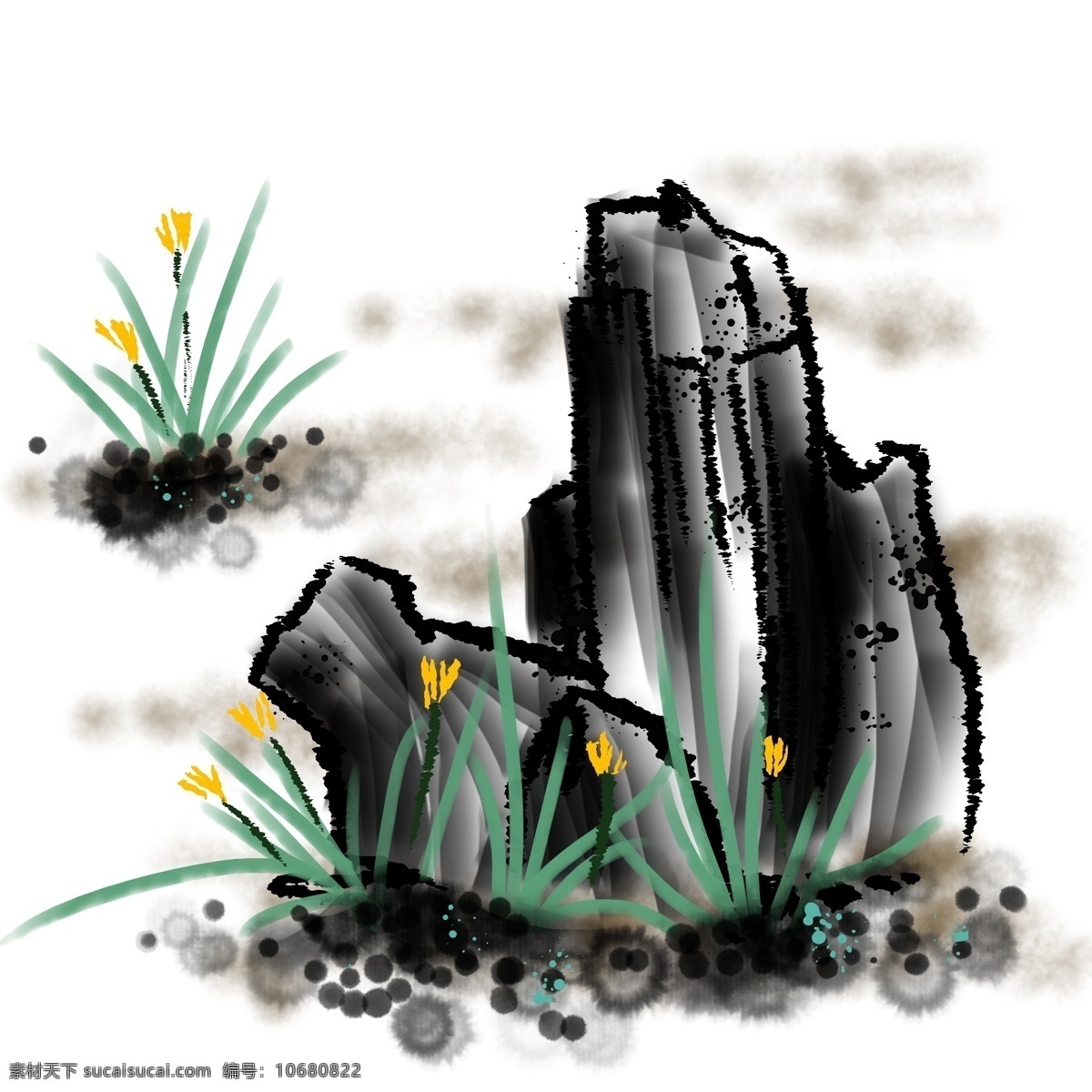 黄色 水墨 蓝花 插画 黄色的兰花 水墨兰花 黑色的岩石 水墨岩石 绿色的叶子 漂亮的兰花 绿色的小草