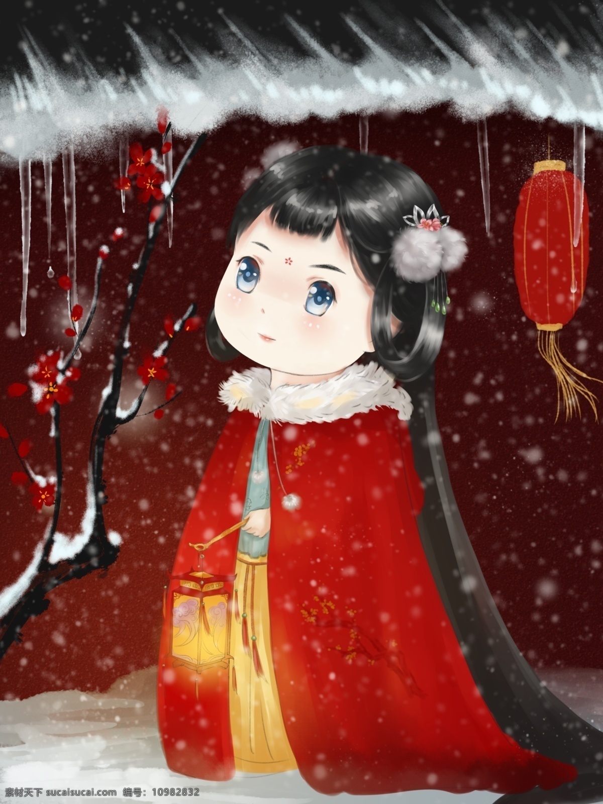 原创 中国 风 厚 涂 可爱 版 立冬 灯笼 女孩 中国风 古风 壁纸 q版 雪和梅花