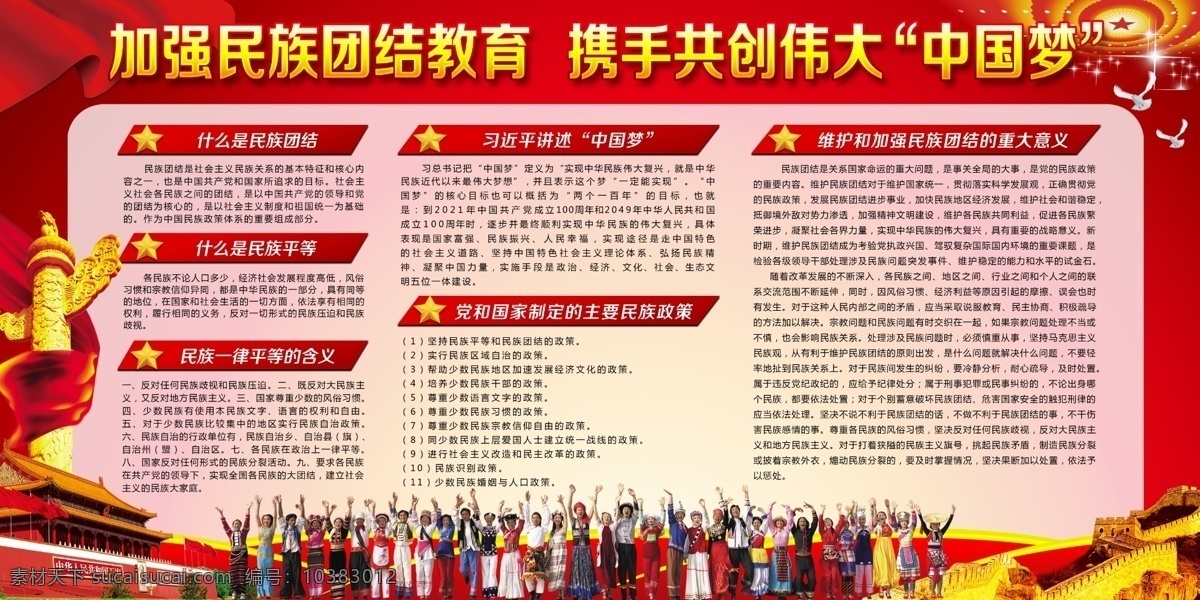 民族 团结 进步 教育 展板 民族团结 中国梦 平等 和谐 互助 尊重 民俗 意义 民族政策 天安门 华表 少数民族 宣传栏 展板模板