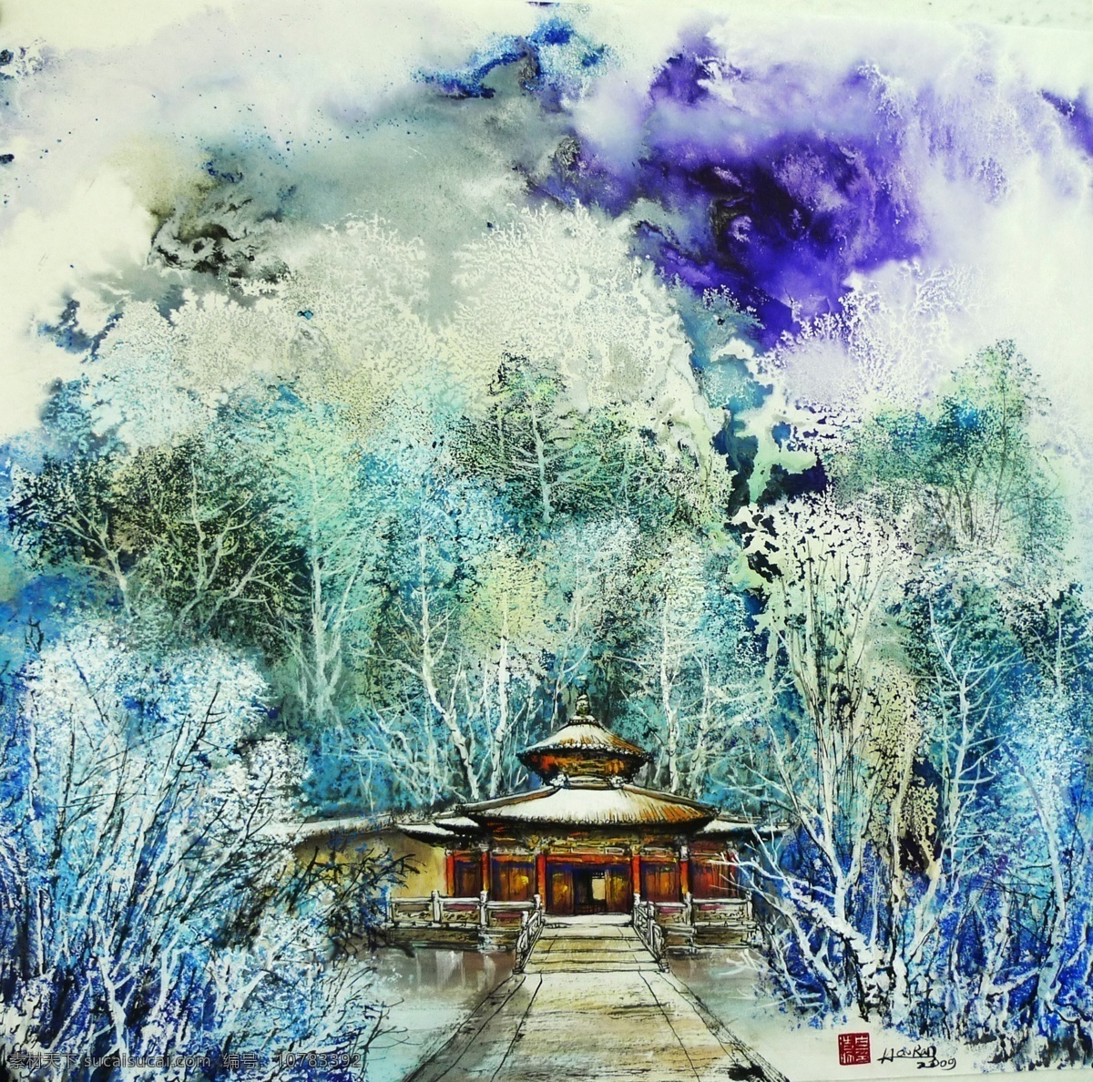 银雪入圣境 白浩然作品 泼墨画 水墨画 水墨中国 墨海堂 山水泼墨 玉树银花 琼枝玉叶 乡野情怀 红灯笼 草屋 白雪 中国山水 白雪圣境 大雪无尘 冬韵 绘画书法 文化艺术