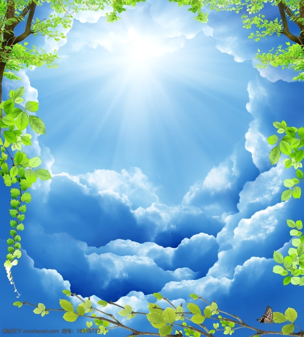 蓝天 白云 绿叶 背景图片 分层素材 天空素材 蓝天白云 天顶图 天花板背景 广告 海报