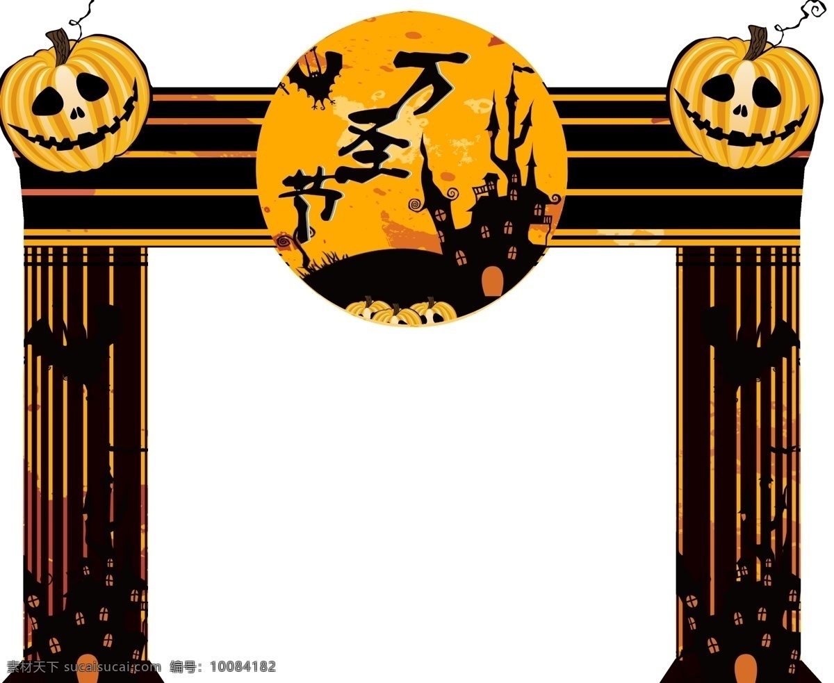 纯 原创 手绘 万圣节 主题 门 头 策划 样品 图 门头 黄色 黑色 条纹 南瓜 楼 蝙蝠